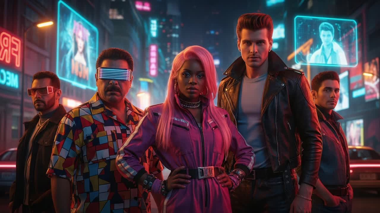 A Stylish Group of Five Characters Poses Confidently in a Neon-Lit Urban Setting, Showcasing Vibrant Fashion and a Futuristic Aesthetic Against Digital Billboards