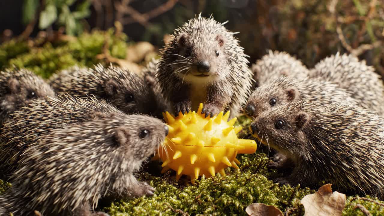 Gruppe neugieriger Igel spielt mit stacheligem gelbem Spielzeug