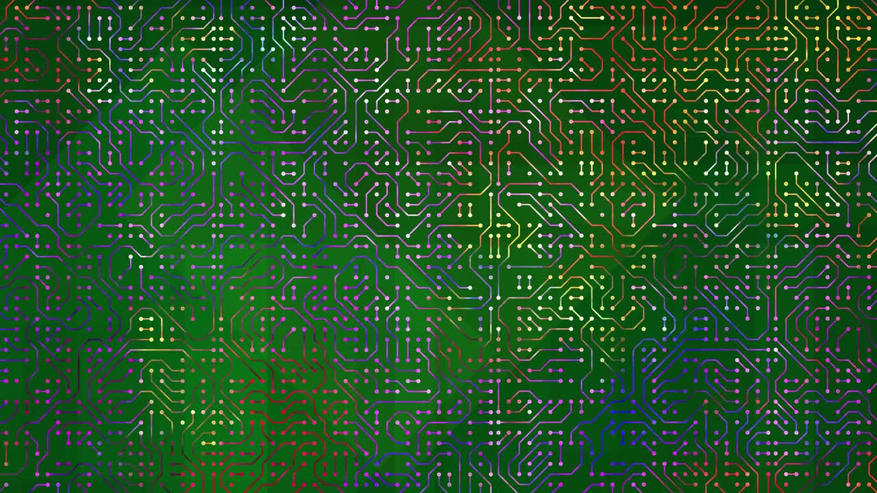Patrón intrincado y repetible de placa de circuito digital con trayectorias de datos fluidas de color arcoíris sobre un fondo abstracto de color verde oscuro vibrante