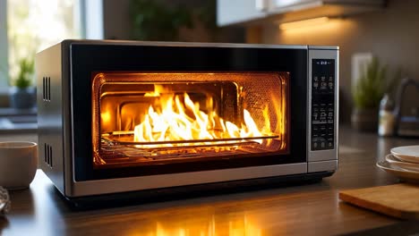 a microwave oven sitting on top of a wooden counter