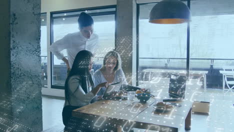 animation of binary codes over diverse coworkers discussing reports on digital tablet