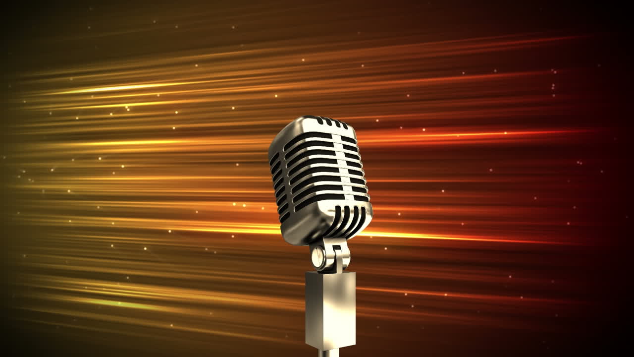 Animazione di un microfono su scie e punti luminosi incandescenti, su sfondo nero con spazio per il testo