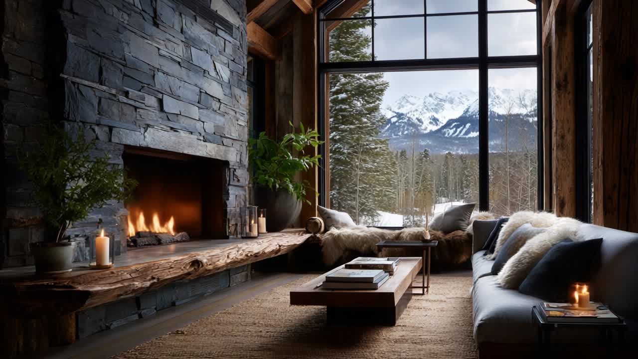A Serene Winter Retreat: Cozy Living Room with Stone Fireplace and Majestic Mountain View Surrounded by Nature's Beauty and Warmth, Creating a Perfect Sanctuary for Relaxation and Reflection