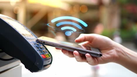 seamless mobile payment process: a user engaging in contactless transactions with a smartphone on a point-of-sale terminal in a bright setting