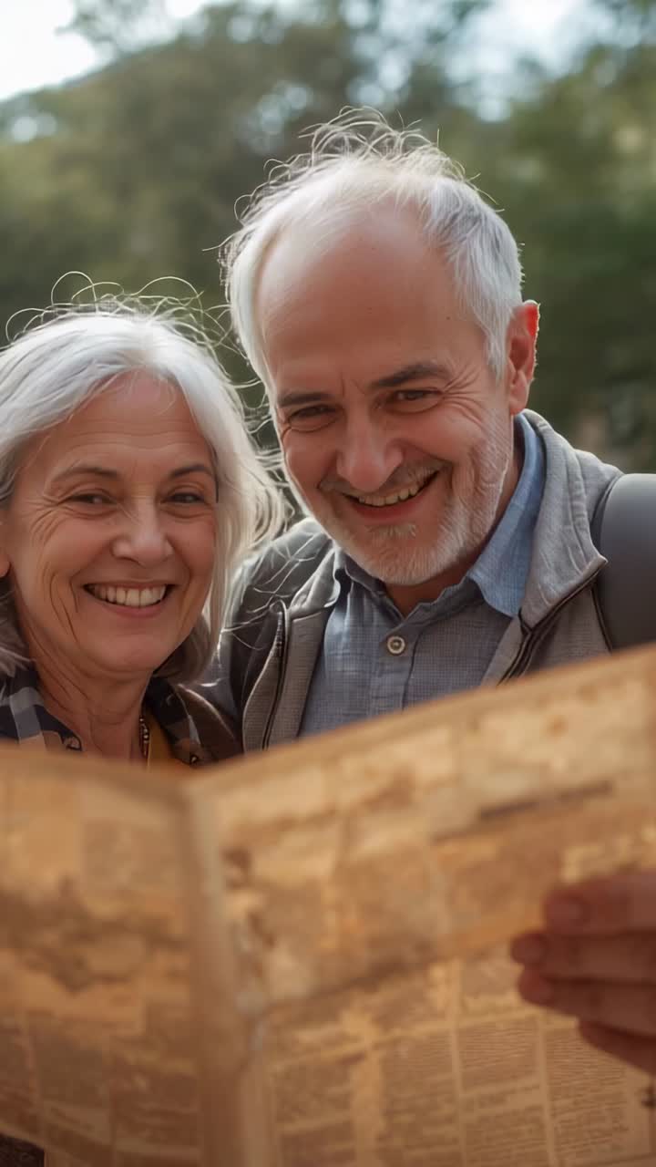 Vertical video: Holding map, seniors scanning for route in wooded park, checked shirt, backpack