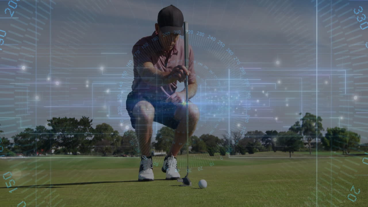 Golfer kneeling on green, aligning putt with sports technology overlays showing numeric scales