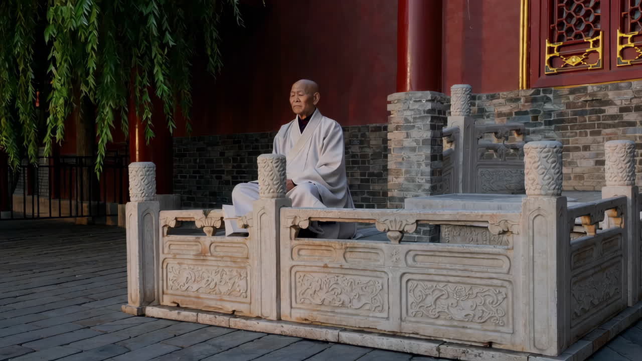 Elder Monk Meditating in a Temple Garden