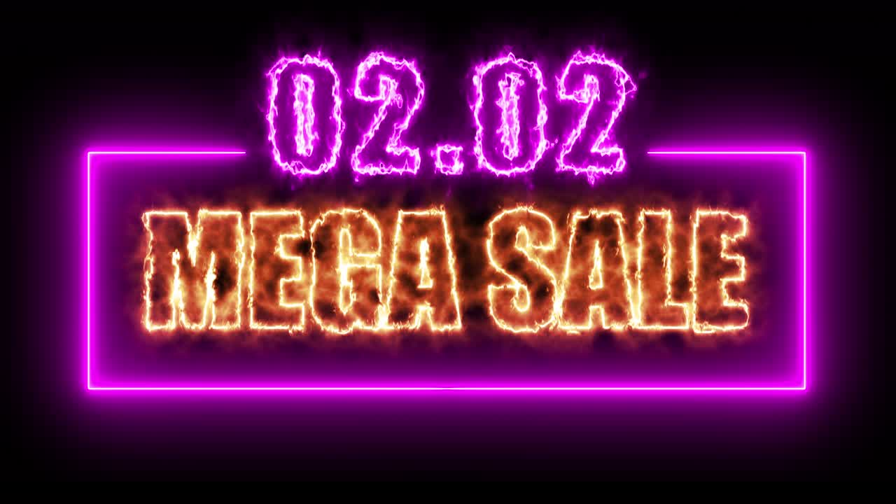 Banner con insegna al neon colorata "Mega Saldi" su sfondo nero per promuovere un video. Concetto di promozione della vendita del marchio.