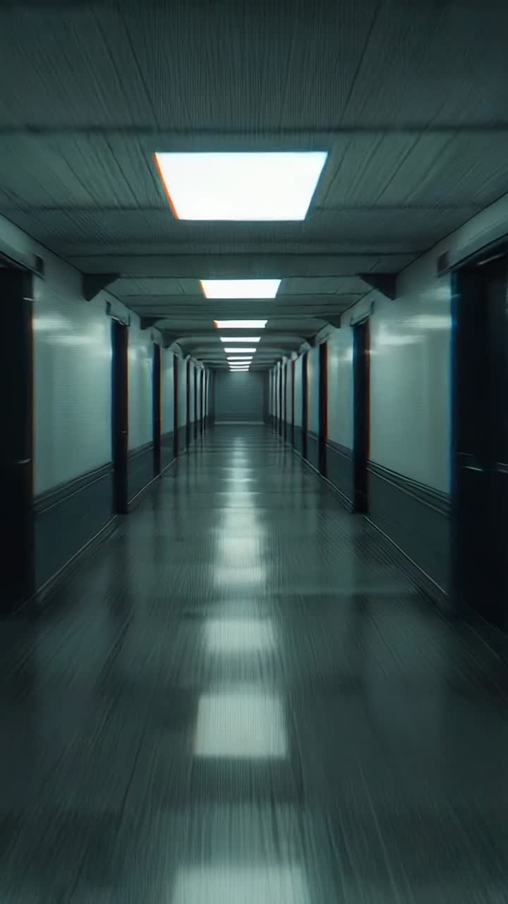 Video verticale: camera che si muove lungo il corridoio in direzione della parete di fondo, mostrando luci a incasso e pavimento lucido