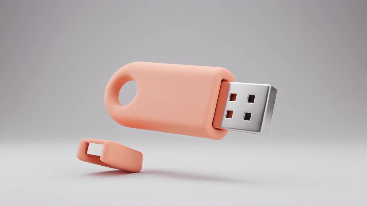 3D-рендер персиковой USB-флешки с открывающейся крышкой.
