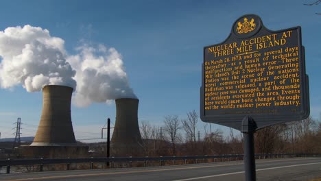 A sign recognizes the disastrous meltdown at Three Mile Island nuclear power plant