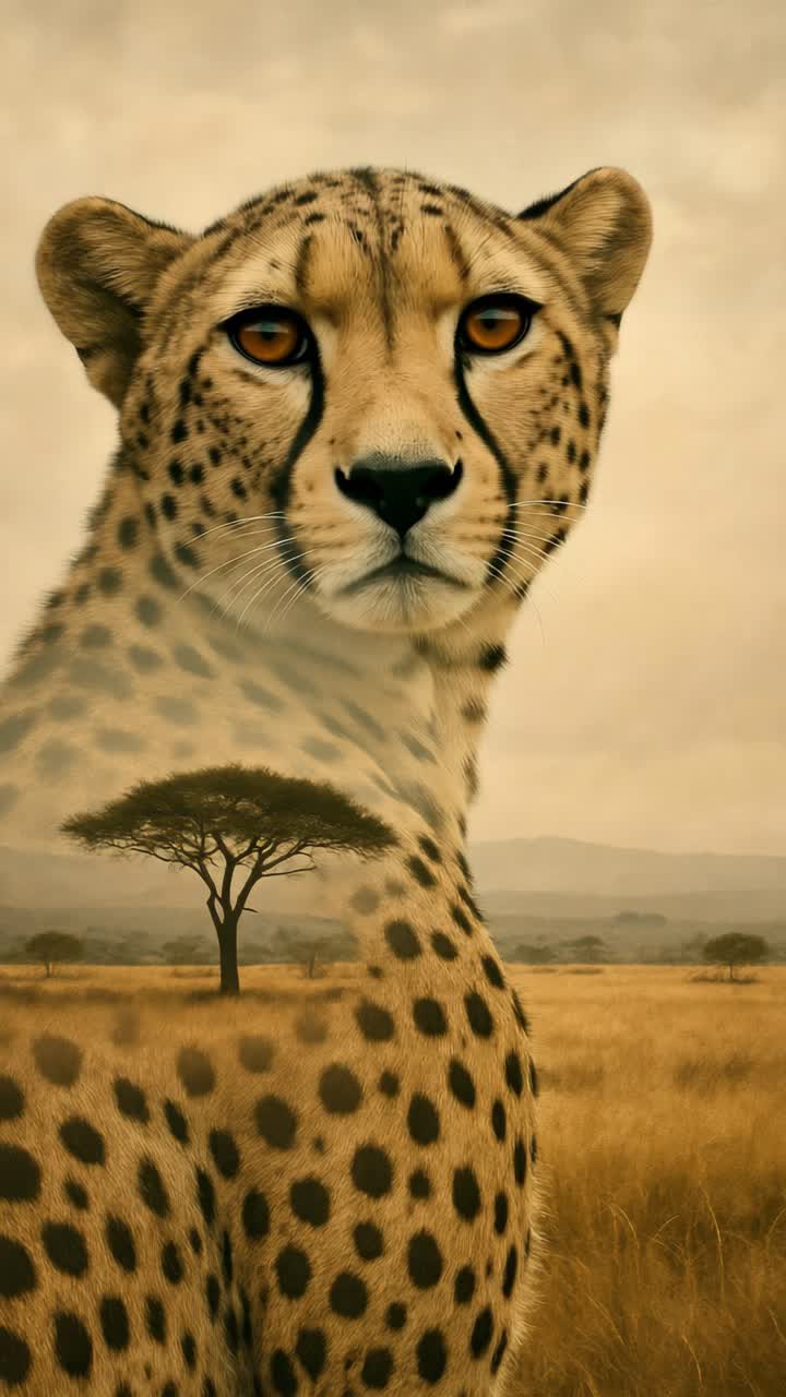 Artistic double exposure of a cheetah and savanna landscape. Side profile angle creates a serene