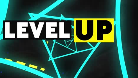 Animation-of-level-up-text-banner-over-neon-blue-triangular-shapes-in-seamless-pattern