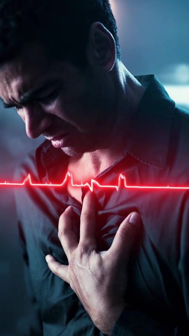 Man Experiencing Heart Attack Symptoms with Digital EKG Overlay