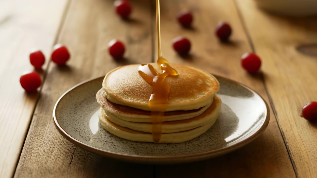 Continuous honey stream pours onto stacked golden pancakes, spreading shiny glaze, pooling over surface, and adding warm appetizing breakfast mood with rustic ceramic serving plate