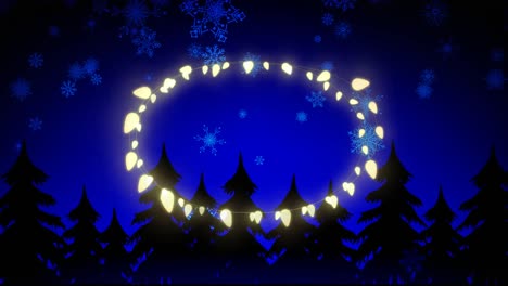 Animation-of-fairy-light-frame-with-copy-space-over-fir-trees-and-winter-scenery