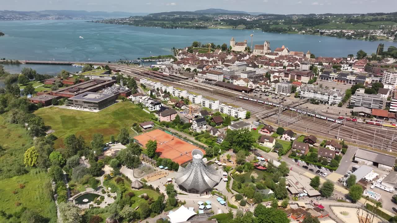 Beautiful city of Rapperswil-Jona viewed from above by a drone, in Switzerland.