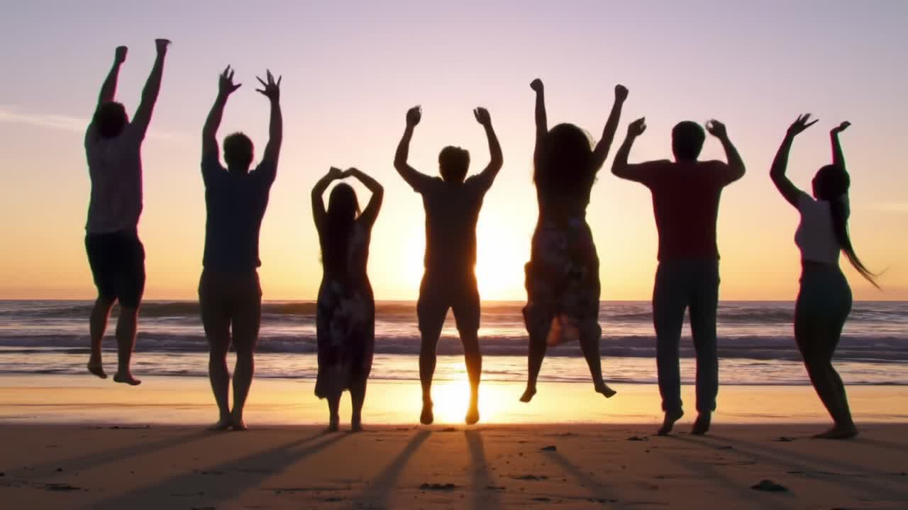 Friends Celebrating at Sunset by the Beach With Joyful Movements and Silhouettes Against the Horizon