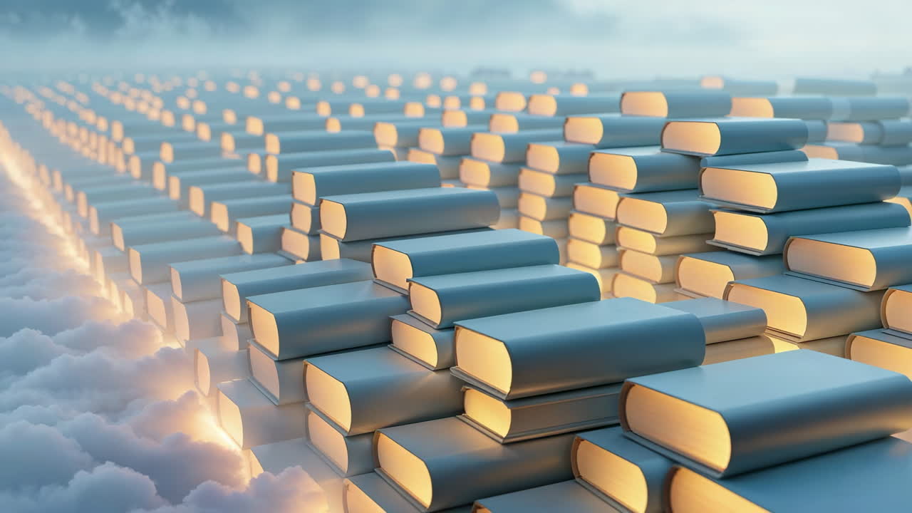 Infinite Stacks of Glowing Books on Clouds