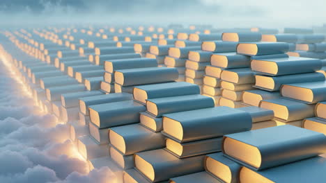 infinite stacks of glowing books on clouds