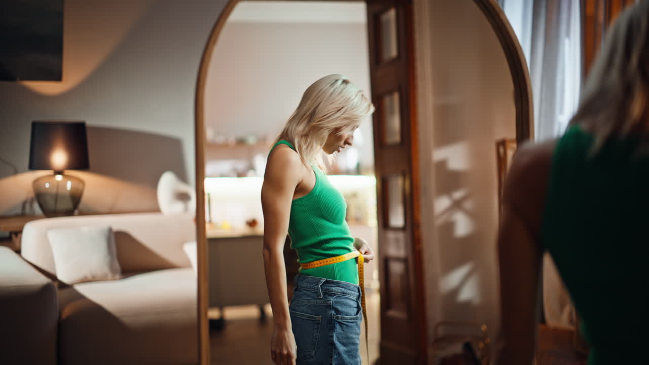 테이프로 허리를 측정하는 여성 반사. 행복한 은 모델 체중 감량을 확인