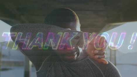 animation of thank you text over african american sportsman