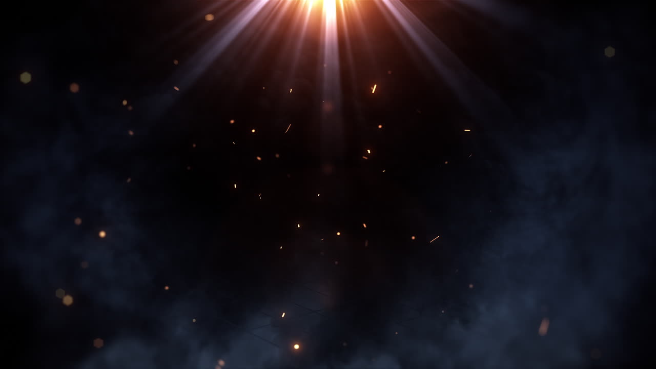 Golden Light Rays and Floating Particles with Smoke on Dark Background