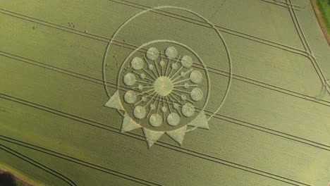 Rotating-aerial-descent-over-curious-and-enigmatic-crop-circle-in-farm-field