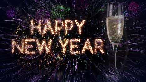 animation of glittering text happy new year, with colourful fireworks and champagne glass, on black