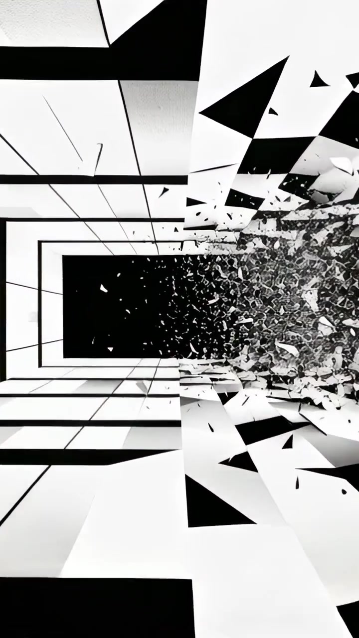 Vertical video: Shattering frames starting from right shards, streaming into central void in tunnel