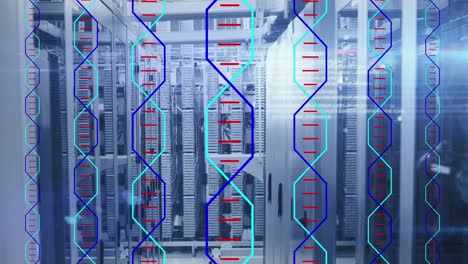 animación de cadenas de adn en la sala de servidores y procesamiento de datos