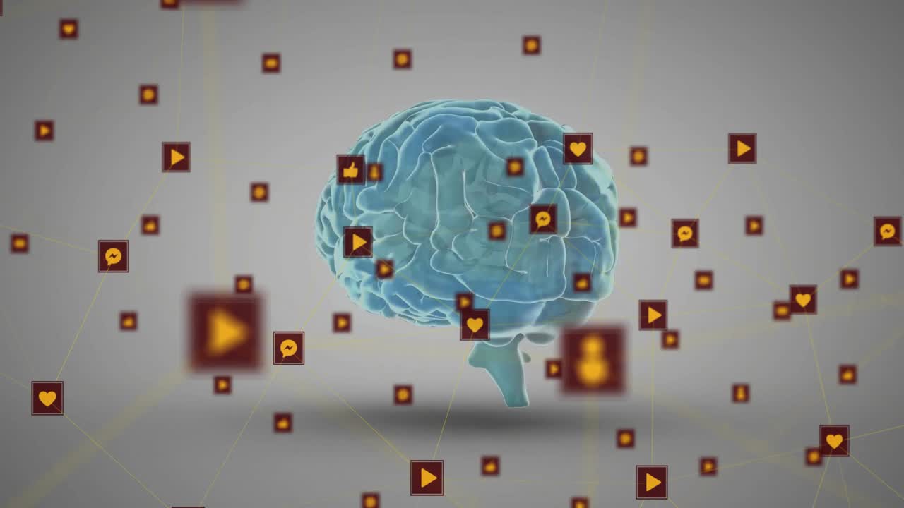 Icons appearing around blue 3D brain rotating while connector lines flashing for data visualization