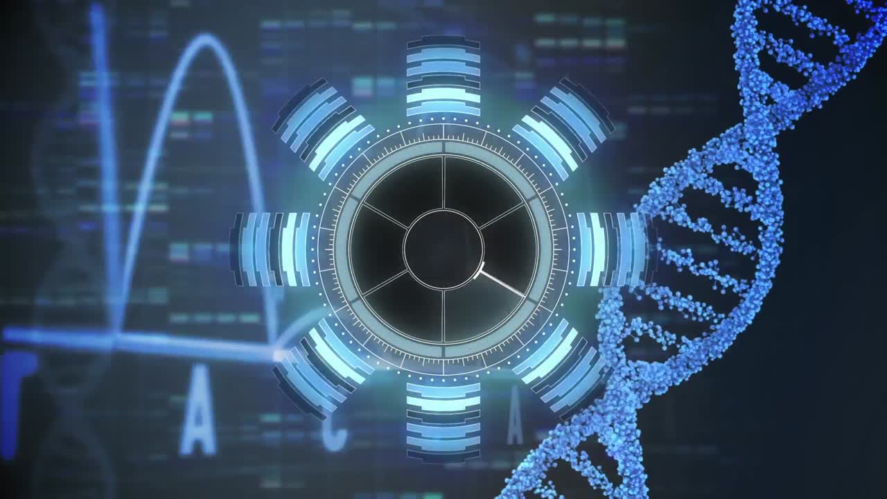 네온 둥근 스캐너, 회전하는 dna 구조, 파란 모자이크 사각형에 대한 심장 모니터의 애니메이션