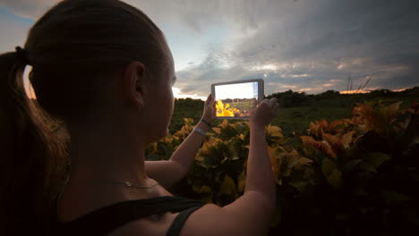 woman using tablet pc to take photos of nature scenes