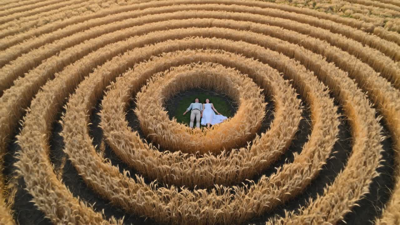 Pulling back drone showing couple lying in center grass, crop rings and wedding dress showing scale