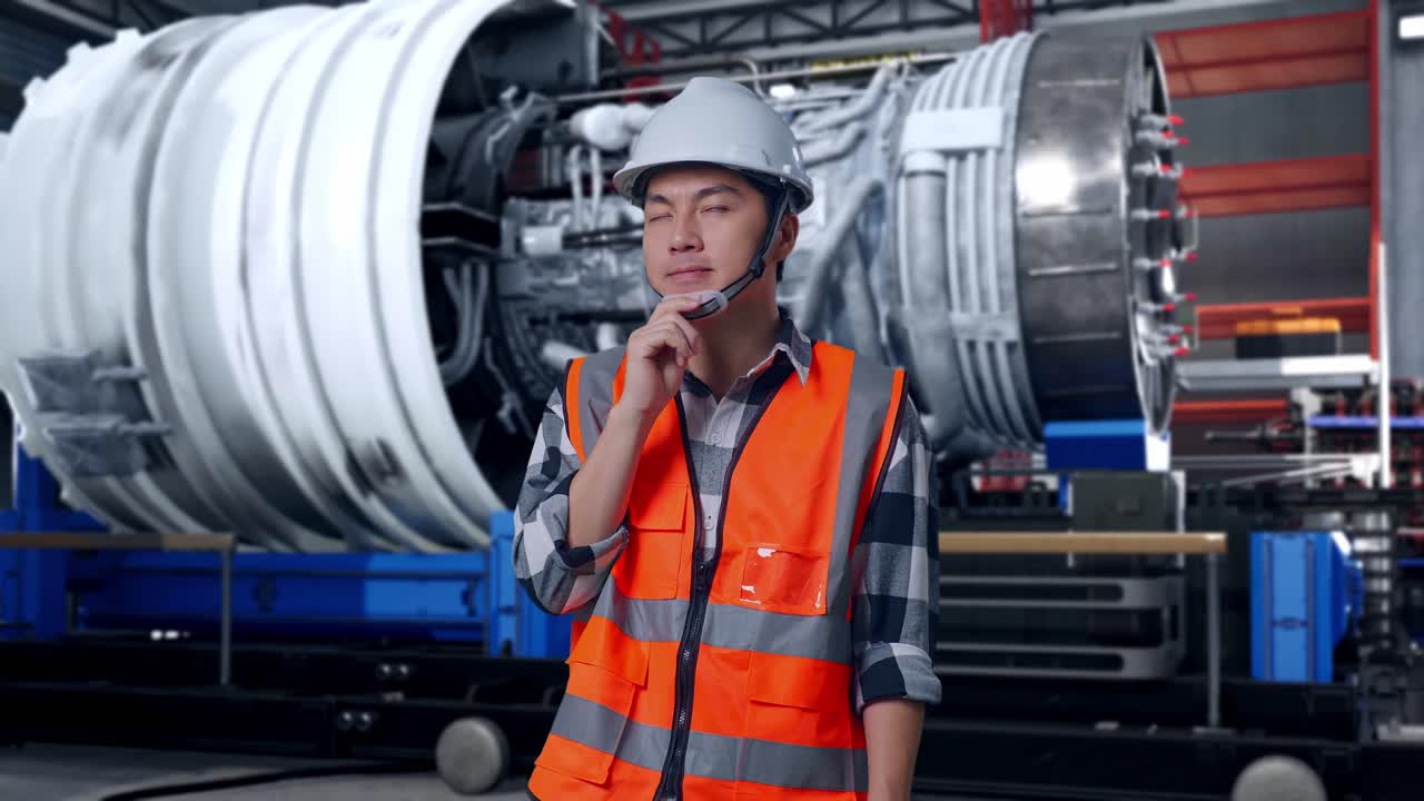 Asian Male Engineer With Safety Helmet Thinking About Something And Looking Around While Standing With Airplane Engine Maintenance Conducted, Analytics Checking the Turbine