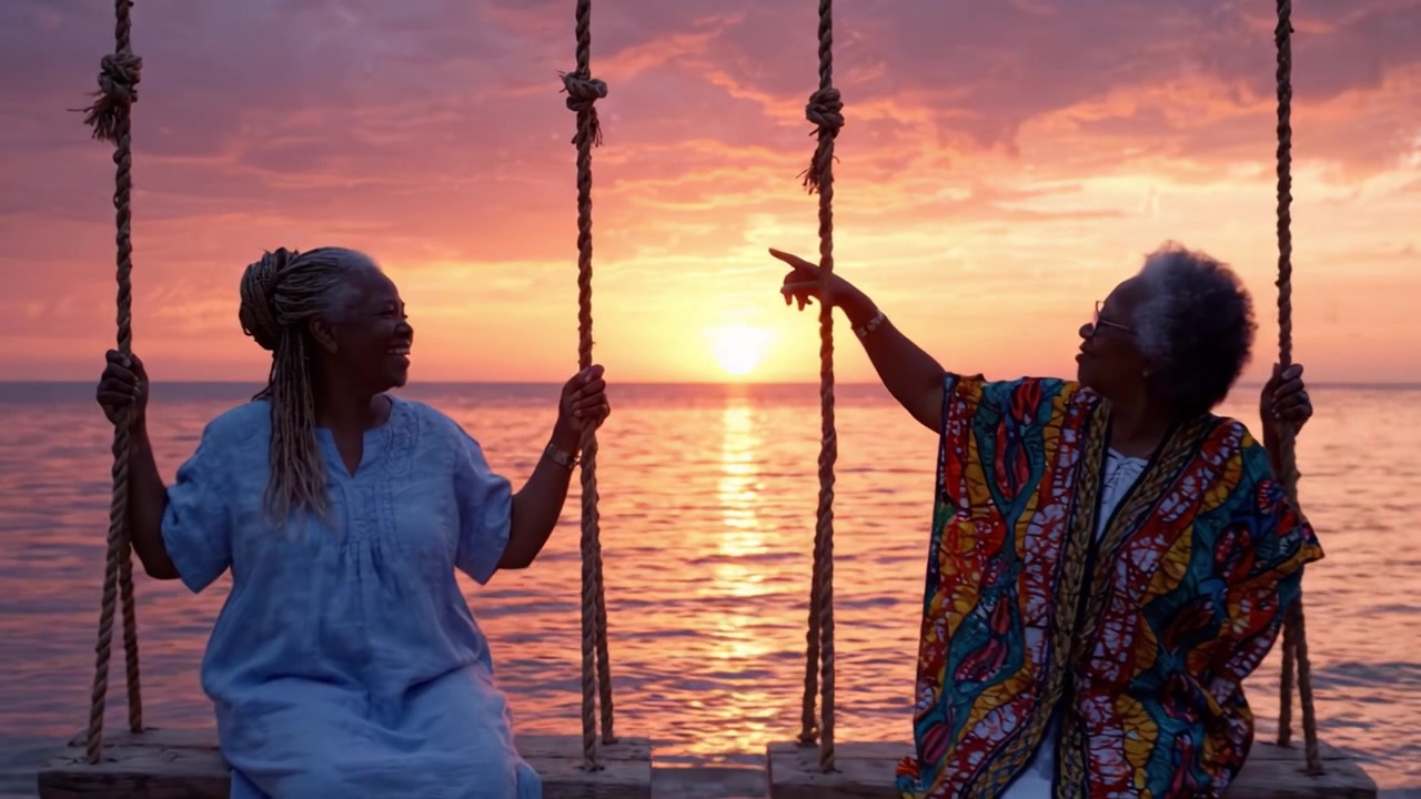Two Women Enjoying a Serene Sunset Together on a Swing by the Water, Reflecting on Memories and the Beauty of Friendship Amidst Nature's Palette