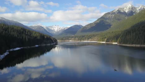 capilano lake reservoir, 2 lions mountain, base of grouse mountain north vancouver bc, aerial drone view pull back, on a sunny day, north shore west vancouver