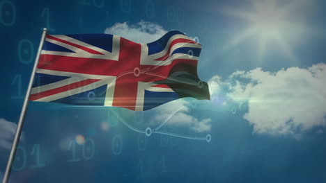 bandera británica ondeando sobre código binario digital y animación de conexiones de datos