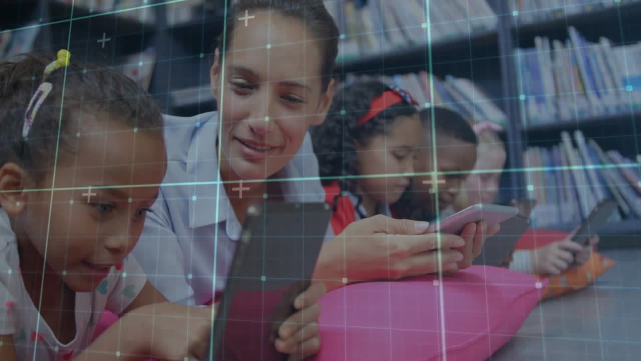 Teacher leaning beside student tapping tablet to guide learning as grid animating over library