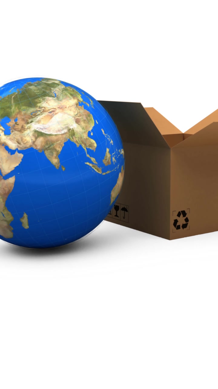 Animation of globe and open cardboard boxe on white background