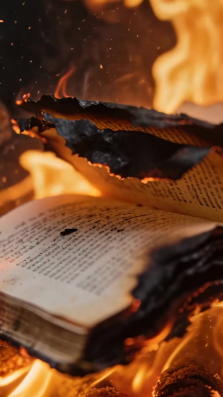 Video verticale: Primo piano di un libro stampato aperto con i bordi che si accendono e le pagine che bruciano, mostrando braci che cadono.