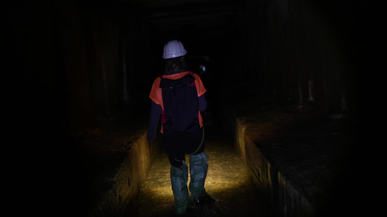 Worker in a dark underground tunnel