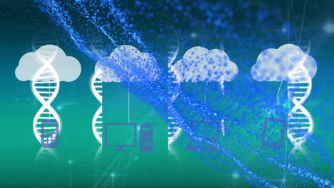 animación de puntos azules e iconos de medios sobre cadenas de adn