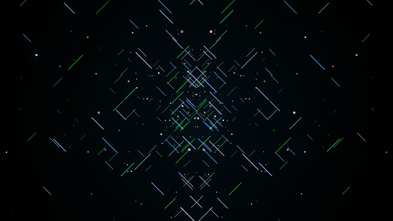 Background of geometric pattern of multi-colored lines. Multi-colored lines move slowly creating abstract geometric pattern. Pattern of slow-moving strokes on black background
