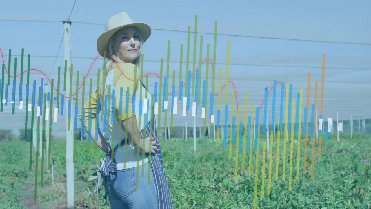 Under shade netting, woman surveying and scanning crops by shifting torso for farm monitoring