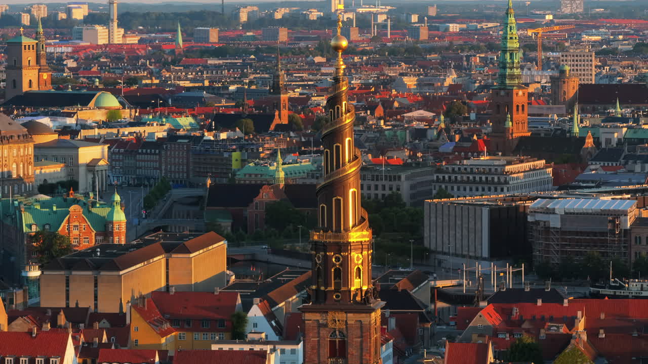 Aerial drone view of the Church of Our Saviour in the city centre of Copenhagen, Denmark at sunset