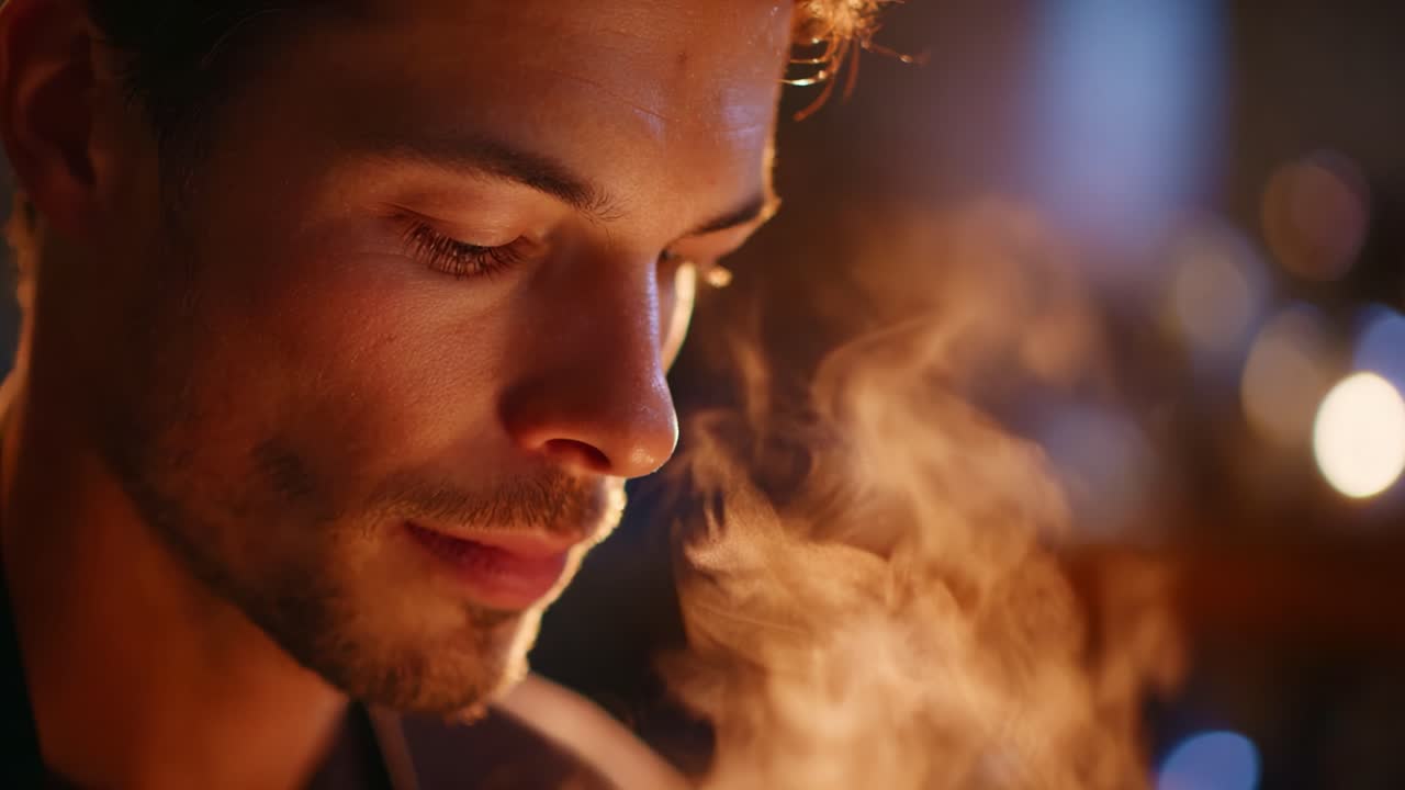 Close-Up of a Man's Face as He Experiences a Moment of Contemplation Surrounded by Mystical Steam and Ambient Light, Creating a Warm and Inviting Atmosphere