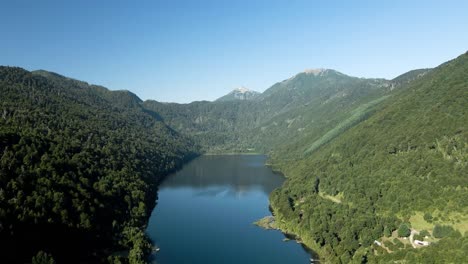 vista aérea del lago tinquilco en el parque nacional huerquehue, chile en un día soleado rodeado por un bosque mixto - disparo de drones