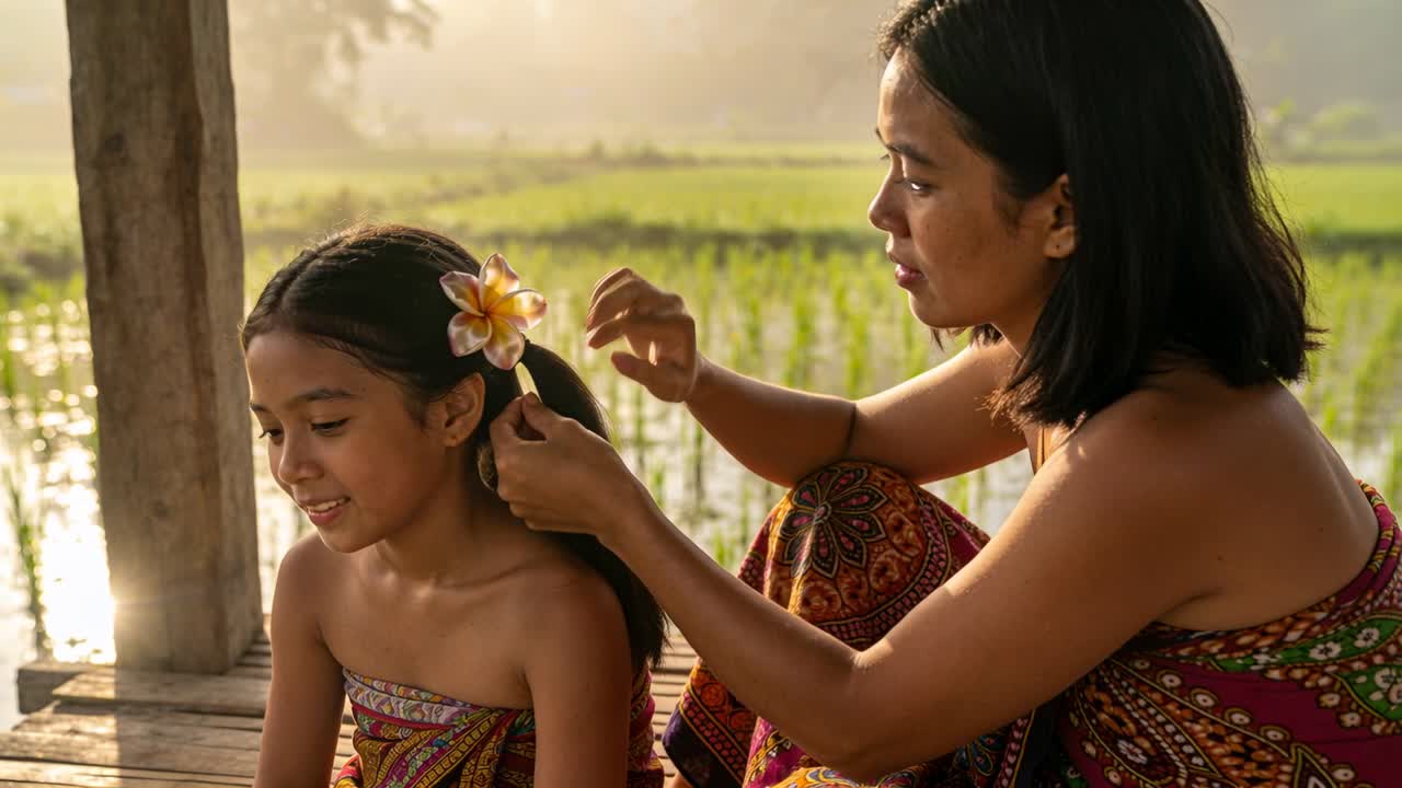 Mother reaching with flower, tucking, smoothing at daughter's right ear by rice paddies for fashion